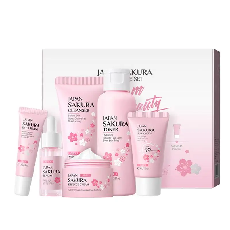 6pcs/box  Facial Products Kit Sakura Skin Care Set Facial Cleanser Face Cream Sunscreen Facial Mask Eye Cream Skincare Product