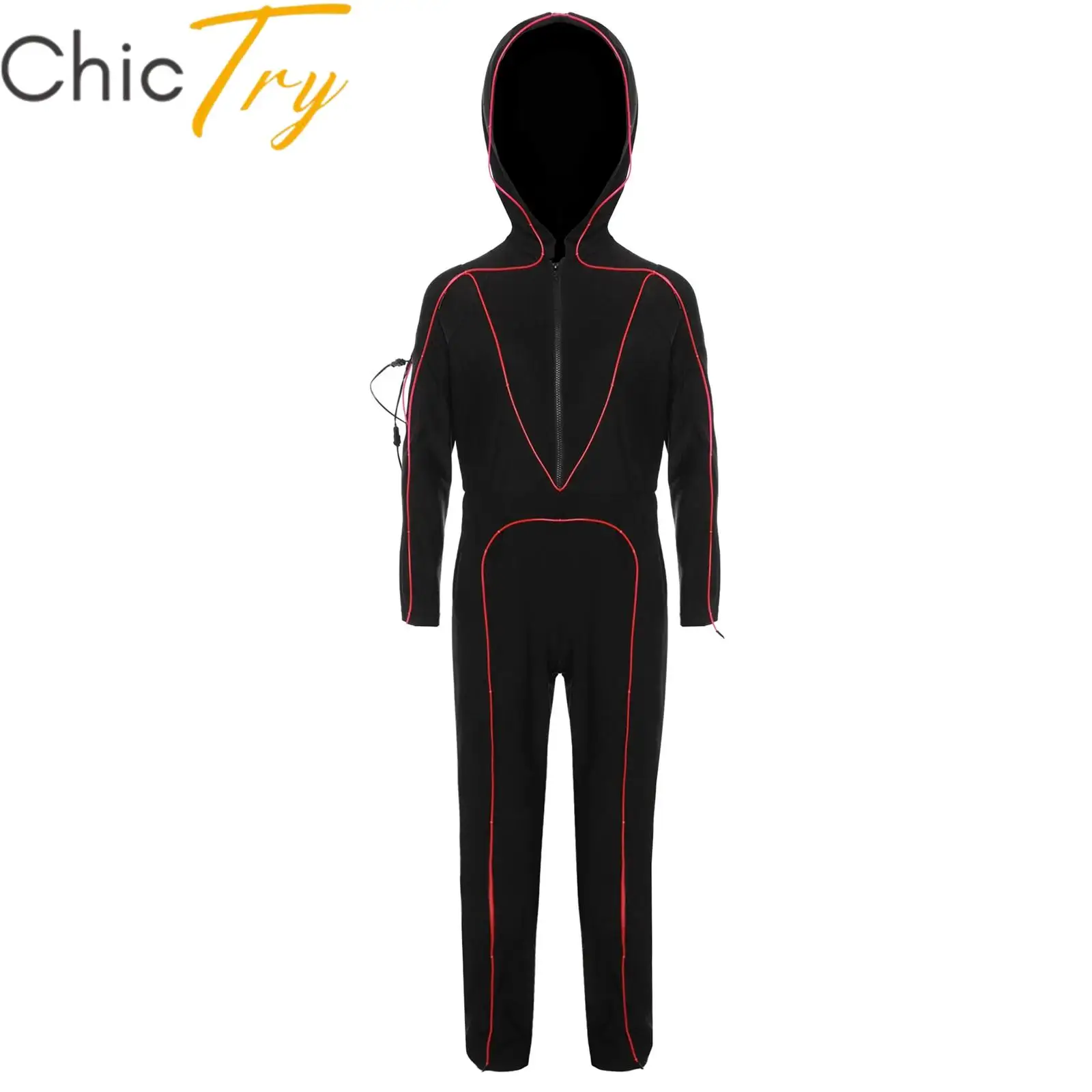 

Kids Boys Girls Light Up Child Stick Figure Costume Hooded Long Sleeve Full Length Zipper Jumpsuit Halloween Role Play Dress Up