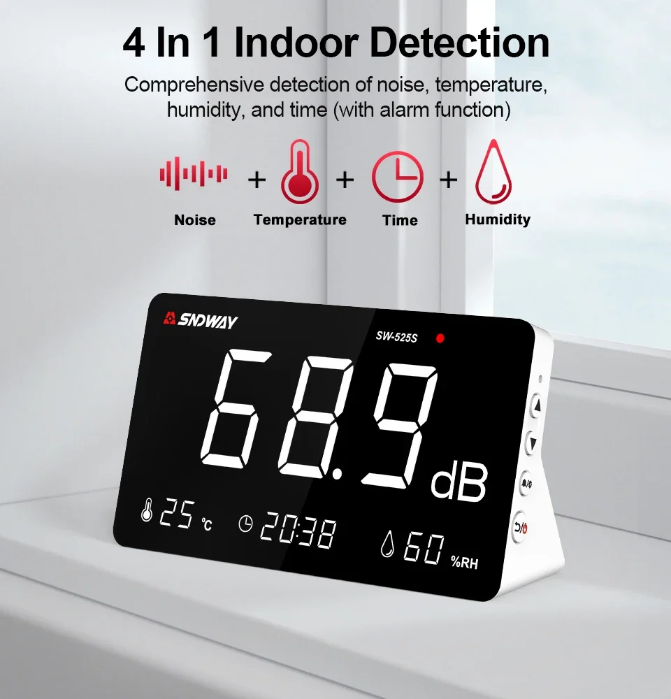 SW525S 4-in-1 digitale geluidsniveaumeter met temperatuur en vochtigheid – meet 30 ~ 130 dB decibelniveaus