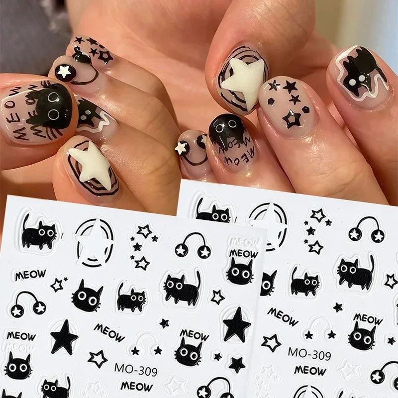 1-3pcs Y2K Black Cat Nail Stickers Kawaii Cartoon Animal Paw Sliders Nail Arts 3D Silver Stars Letters Manicure Decals Tools