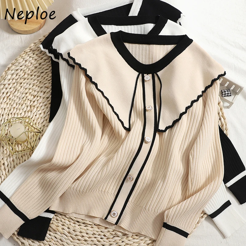 Neploe Chic Contrast Color Peter Pan Collar Sweaters Women Slim Knit Pullover Tops Mujer 2024 New Long Sleeve Bottoming Shirts