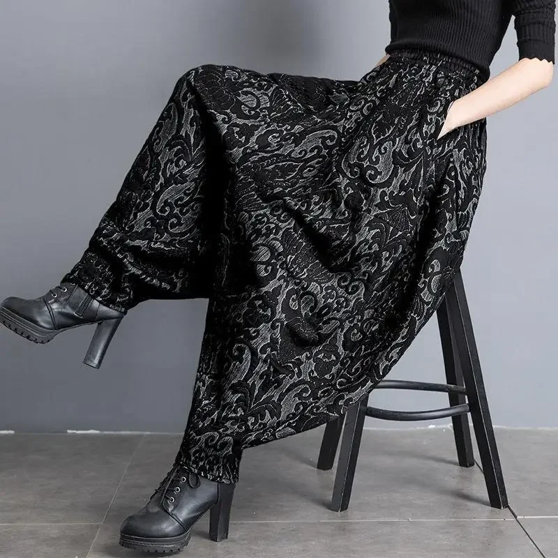 New Draping winter Jacquard Bloomers Women Casual Loose High Waist Vintage Wide Leg Harlan Pants Oversized Mom Pants trousers