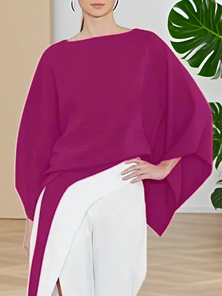 

Casual Women's T-shirt Batwing Sleeves Summer Loose Split-Joint Round-Neck Fashion Woman Clothes Elegant Blouse Tops