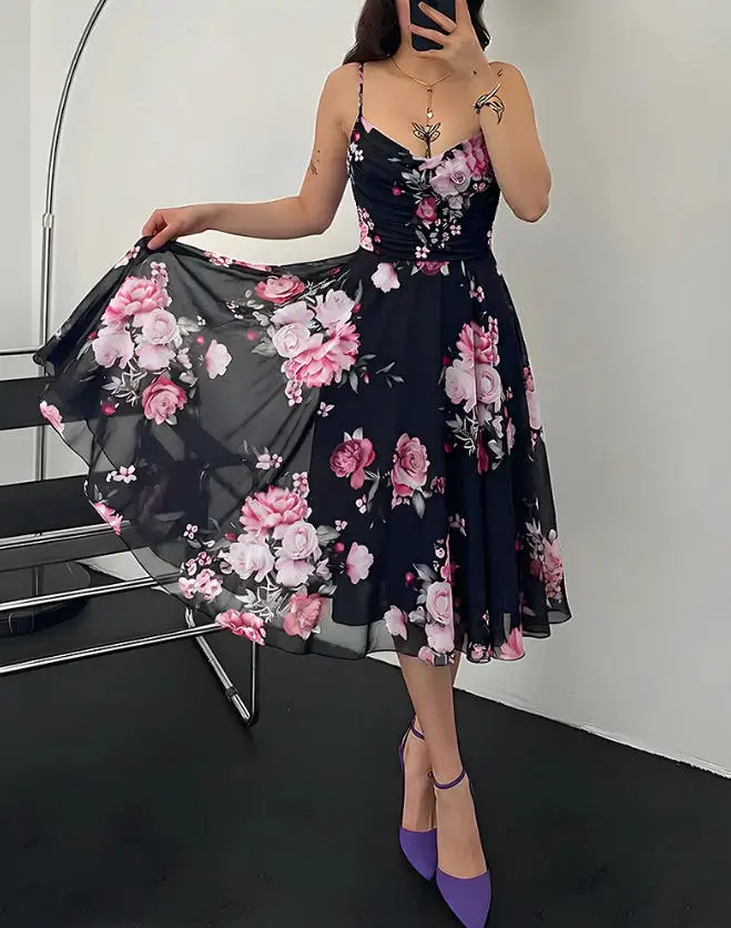 

Women's Dress Summer Sexy Elegant Style V-Neck Floral Printed Mesh with Patchwork Waist A-Line Backless Women's Suspender Dress