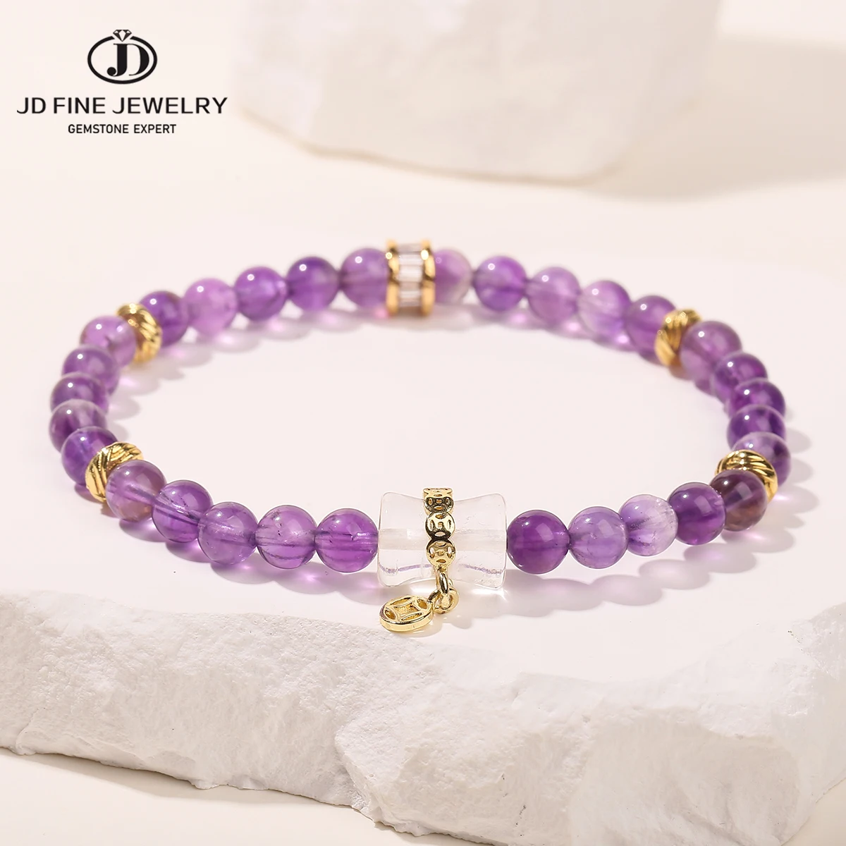 

JD Natural Stone Amethyst Bead Lucky Bamboo Charms Bracelet for Women Fashion Design Reiki Healing Crystal Jewerly Couple Gifts