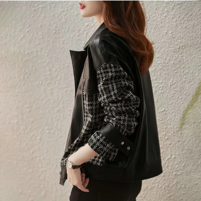 Motorcycle Leather Jacket Women's Jacket 2024 Spring Autumn Winter New Fashion Loose Medium Long Zipper Stitching Leather Jacket