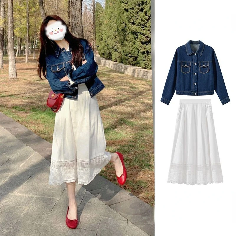 2023 Spring Playful Lively Ageing Fashion Hong Kong Style French Orangery Denim Jacket Half-body Skirt Two-piece Suit Female