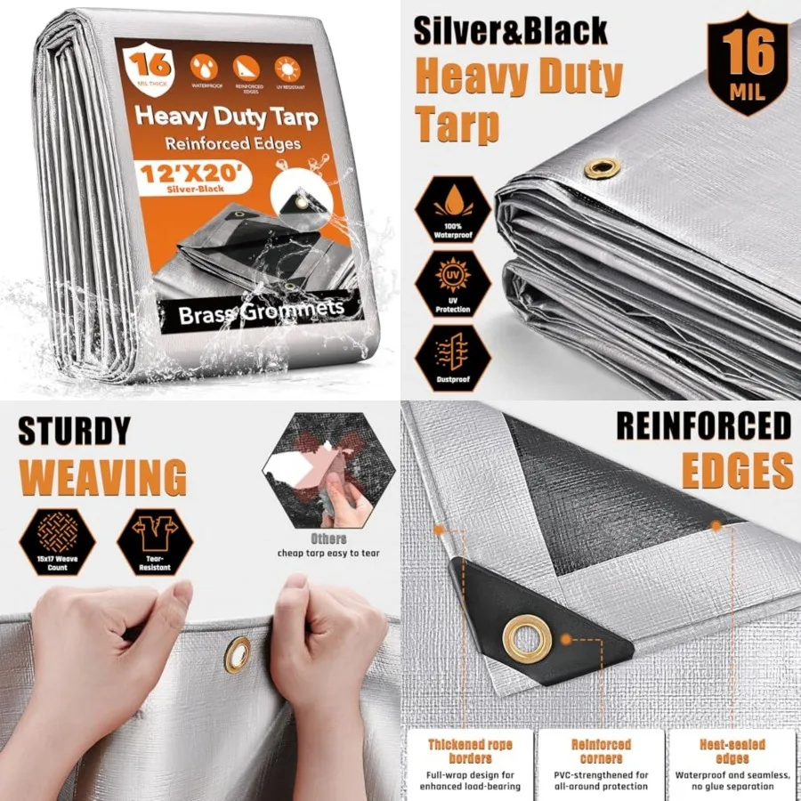 

Waterproof Tarp, 16 Mil Heavy Duty Tarps with Reinforced Edges/Brass Grommets, 100% UV Blocking/Tear Resistant Poly Tarp for Ca