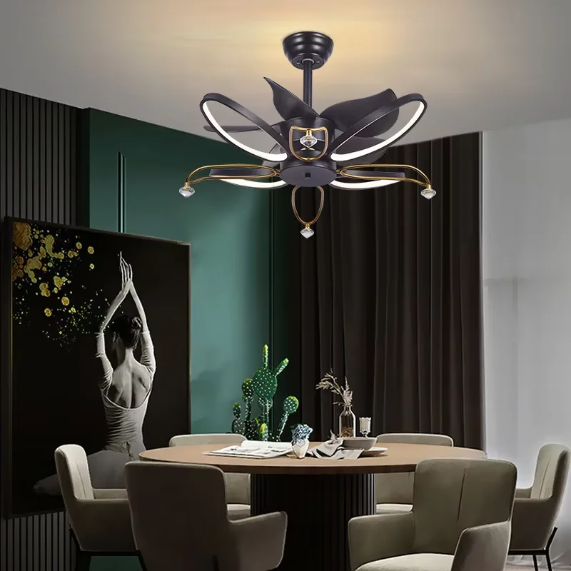 High end crystal LED restaurant ceiling fan light with new creative crown petals living room bedroom and lobby with strong