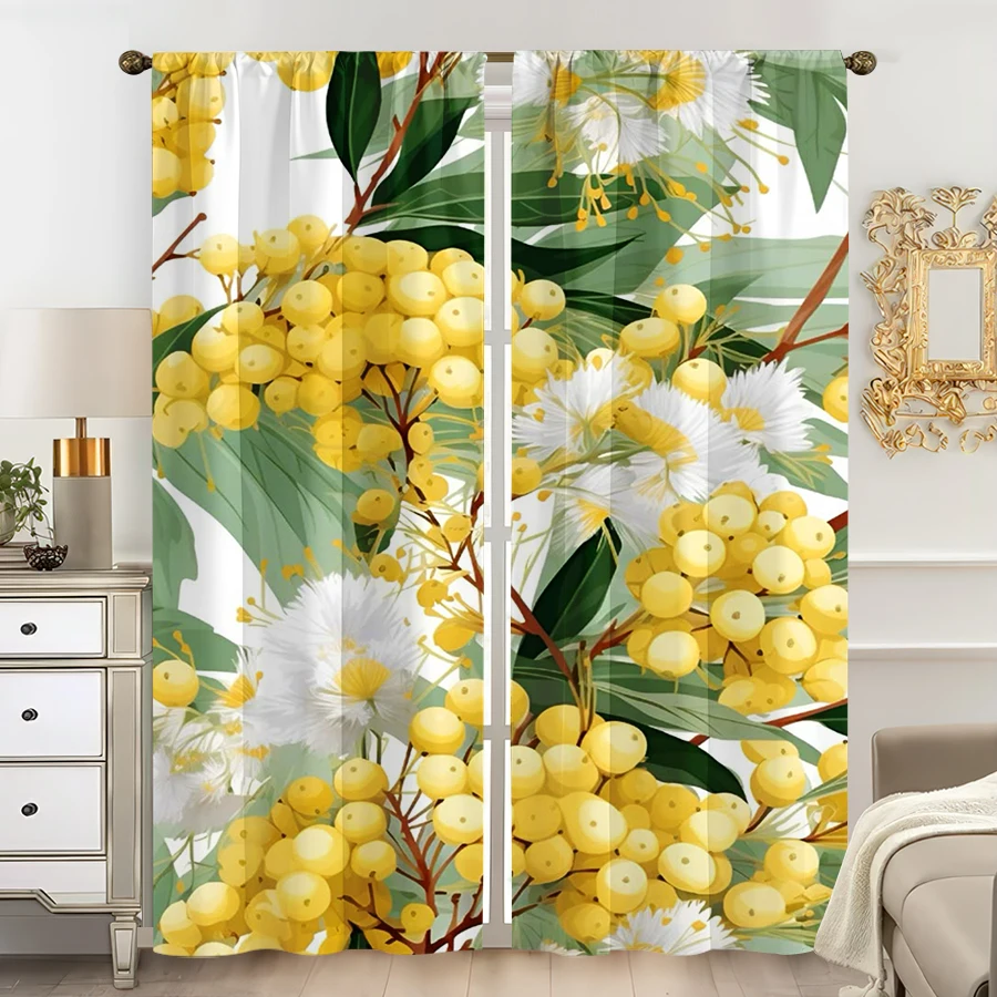 2PCS, Multicolor, Mimosa Flower Botanical Print Curtains, for Bedroom and Living Room, Rod Pocket Style