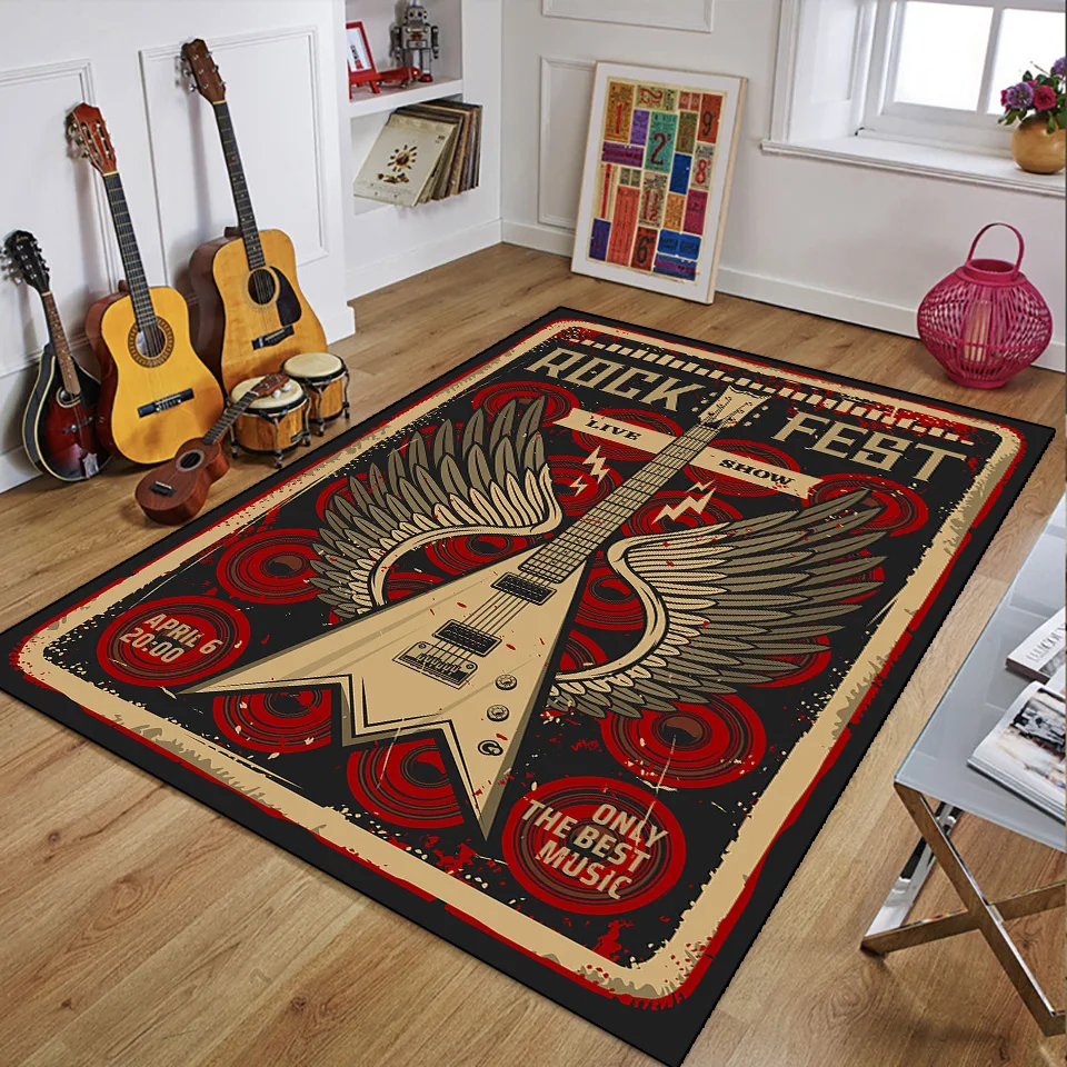 Retro Music Rugs for Bedroom Decoration Vintage Guitar Big 3D Printed Home Carpet Living Room Sofa Table Soft Non-Slip Floor Mat