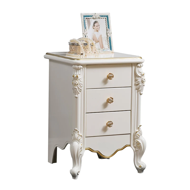 

European bedside table Bedroom simple modern multi-functional white gold painted wood carving flower French romantic storage cab