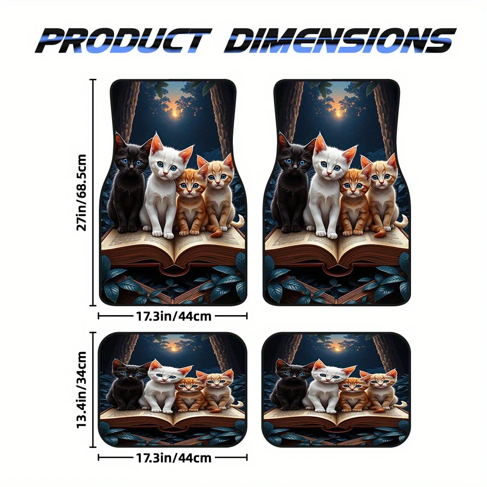 4pcs Vintage Car Mats With Tabby & Tuxedo Kitten Design - Fit For Hatchbacks/SUVs, Driver/Passenger/Rear/Trunk Coverage, Pet-Fri
