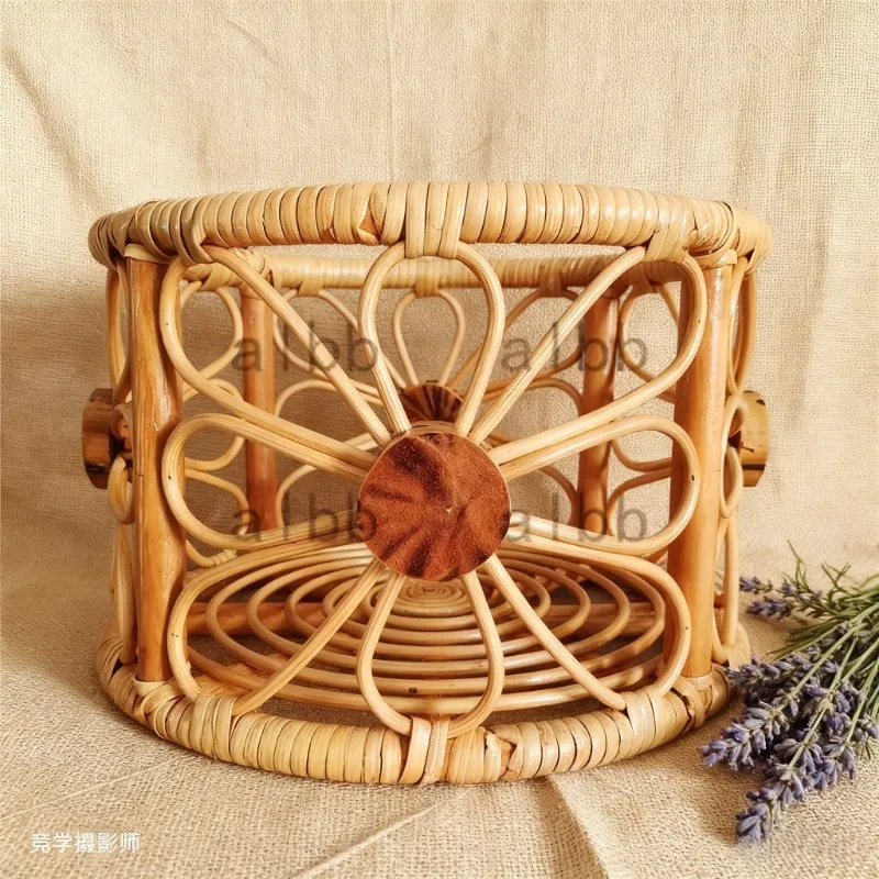 Cadeira de cama de bebê de bambu e rattan + cesta redonda para dormir - Adereços para fotografia de recém-nascidos Acessórios essenciais para sessões de estúdio fotográfico