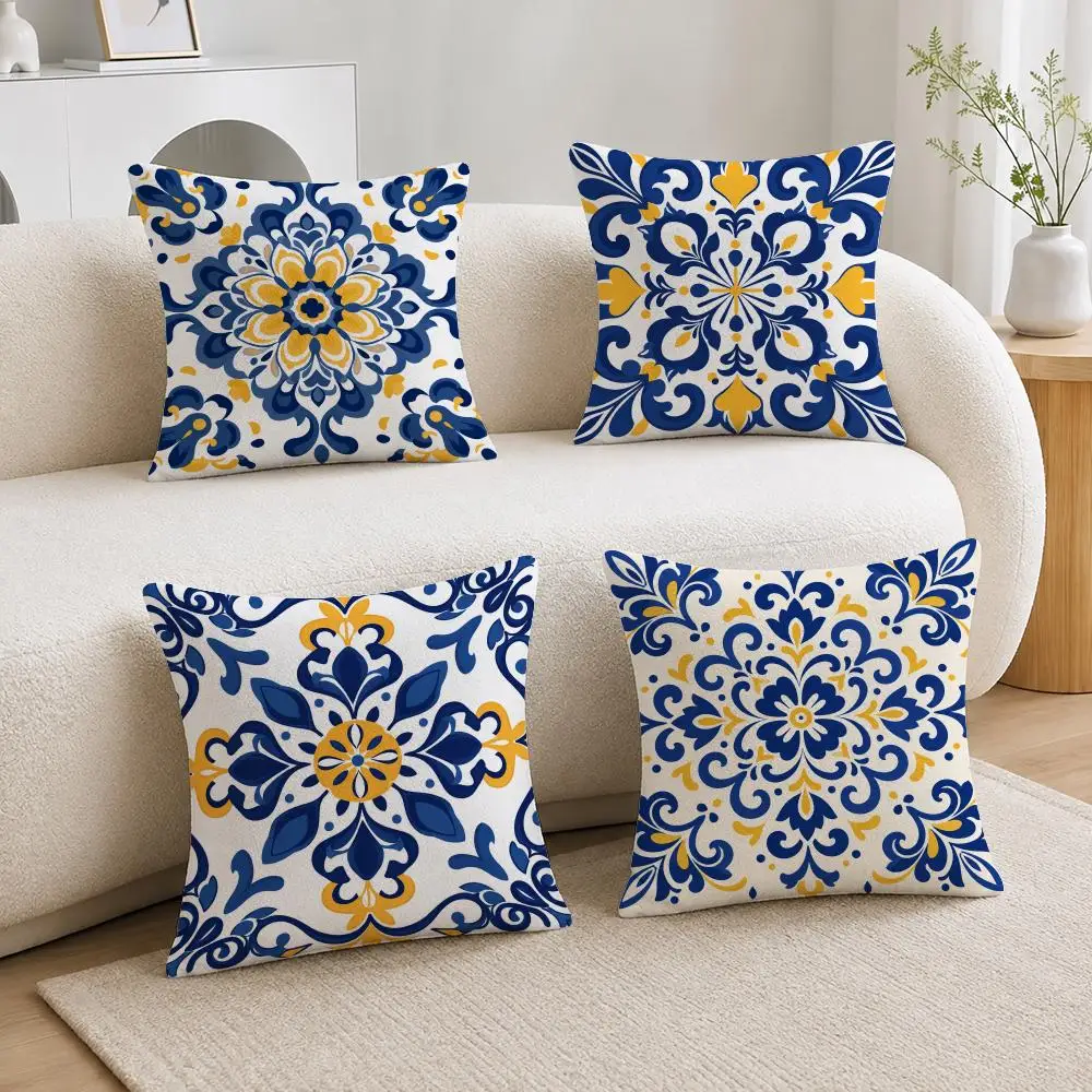 Mediterranean Tile Portuguese Azulejo Style Cushion Cover Soft Fluffy Short Plush  Pillow Case  Sofa Bed Home Decor