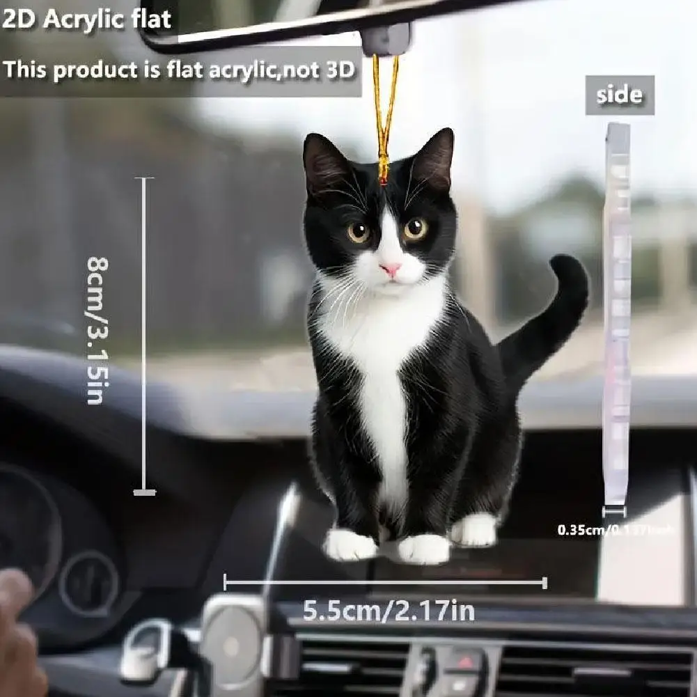 2D Acrylic Plush Black and White Cat Small Decorative Pendant for Car Rearview Mirror Decoration Pendant for Pet Enthusiasts