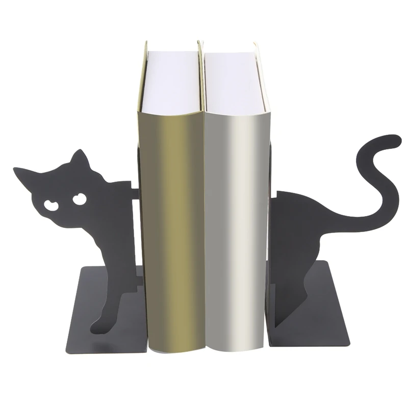 Design Cat Bookends - Metal Decorative Kitty Holders For Books, Magazines, Non-Slip Pads, Round Corners