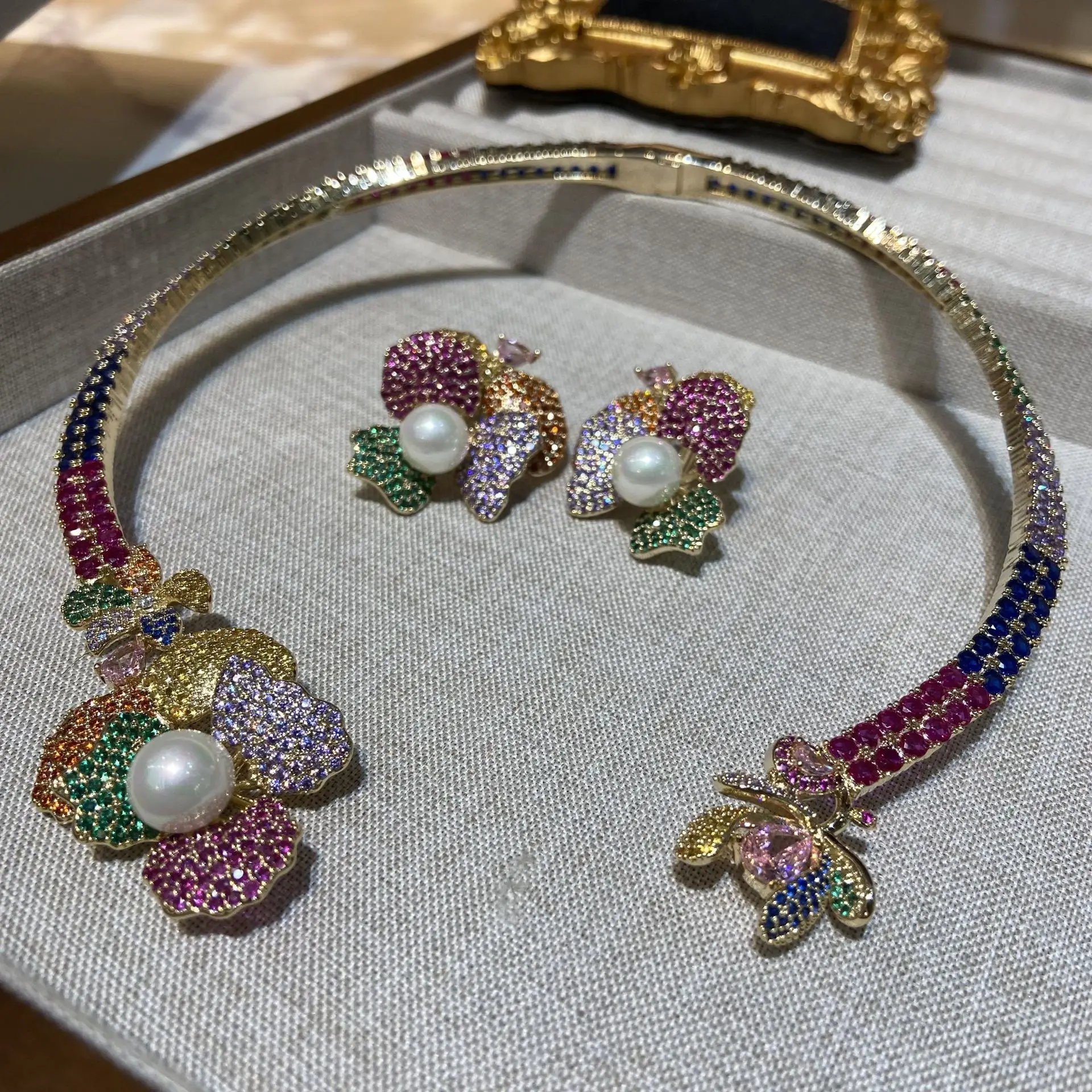 Women Pearl Colored Flower Zircon Open Necklace Stud Earrings Set 2025
