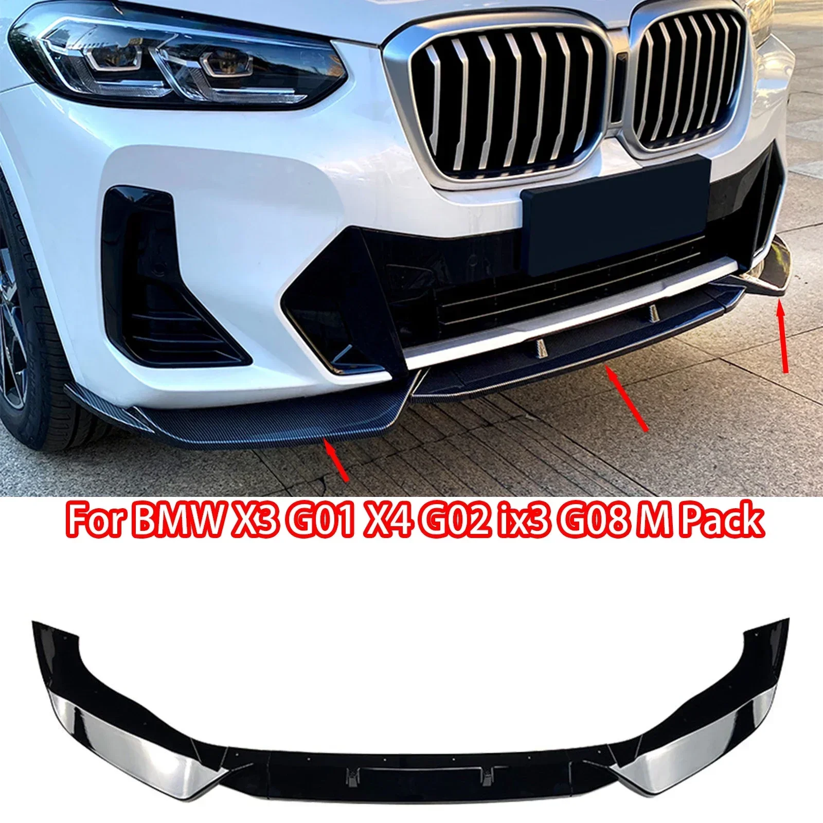 

Для BMW X3 G01 X4 G02 ix3 G08 M Pack 2021+ передний бампер, сплиттер, спойлер, диффузор, глянцевый черный, углеродное волокно, вид ABS