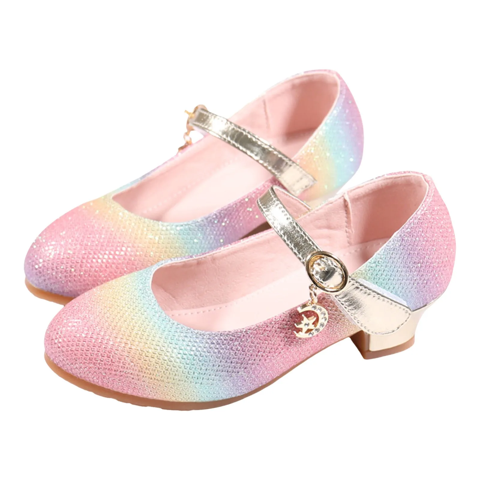 Sapatos princesa com glitter para meninas, salto alto, sapato de couro infantil, lantejoulas arco-íris, festa de casamento infantil, vestido de moda primavera e verão