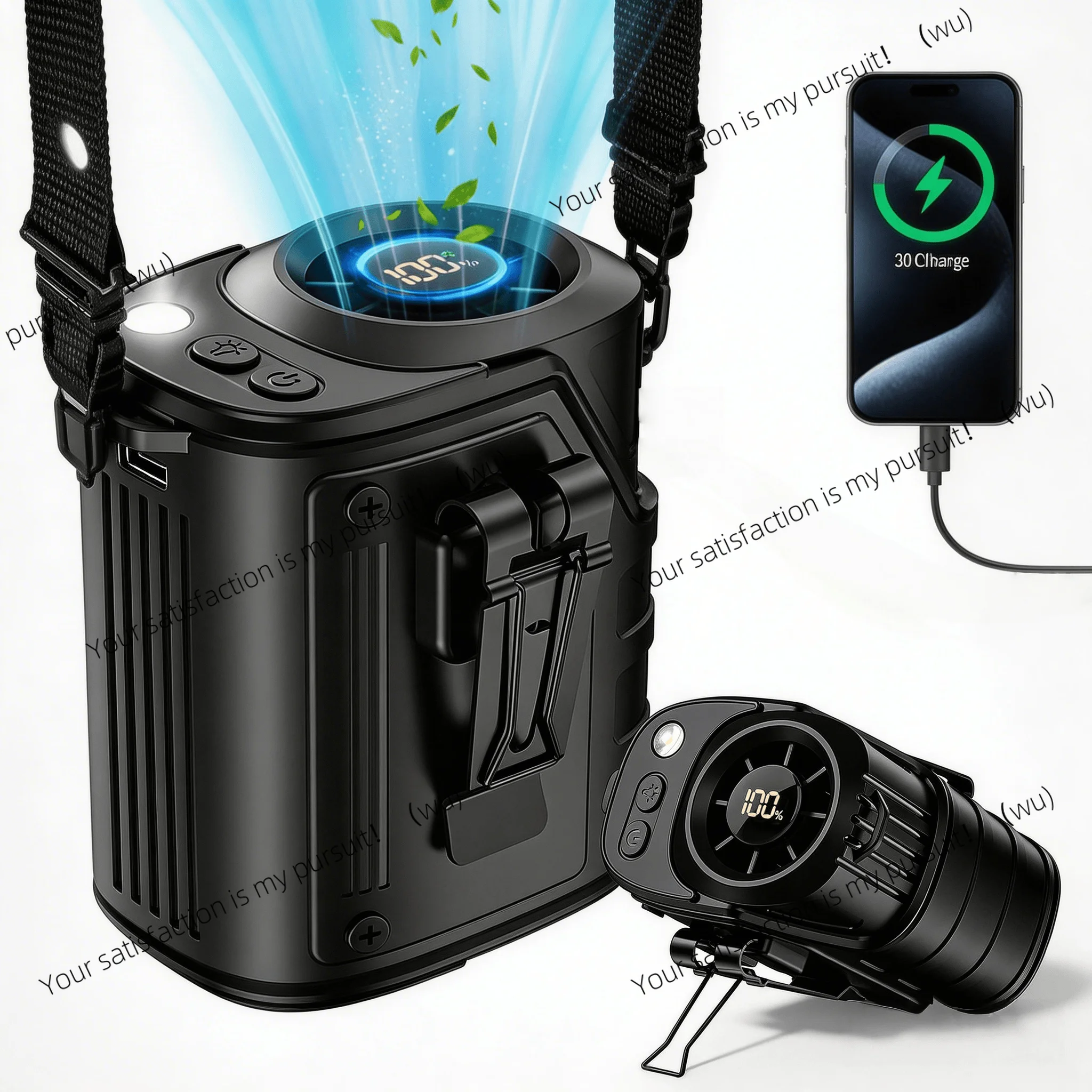 New mini waist hanging portable fan 5000mAh large capacity battery, built-in LED flashlight, ultra-quiet
