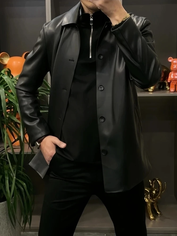 

Faionable Casual PU Leather Jaet Men's Mid-Length Turn-down Collar Busin Sle Spring Autumn New Arrival Versatile