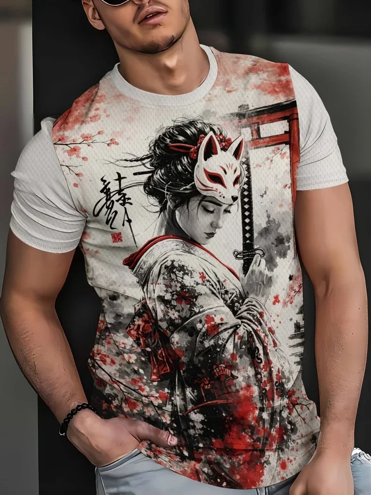 Japanese Short Sleeve Mens 3D Samurai Cartoon Pattern T-Shirt O-Neck Short Sleeve Breathable Style Streetwear Men's Clothing
