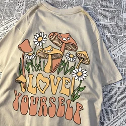 Cottagecore Style Mushroom Love Yourself Mens Tshirt Oversized T-Shirts Oversized Cotton T Shirts Breathable Women Short Sleeve