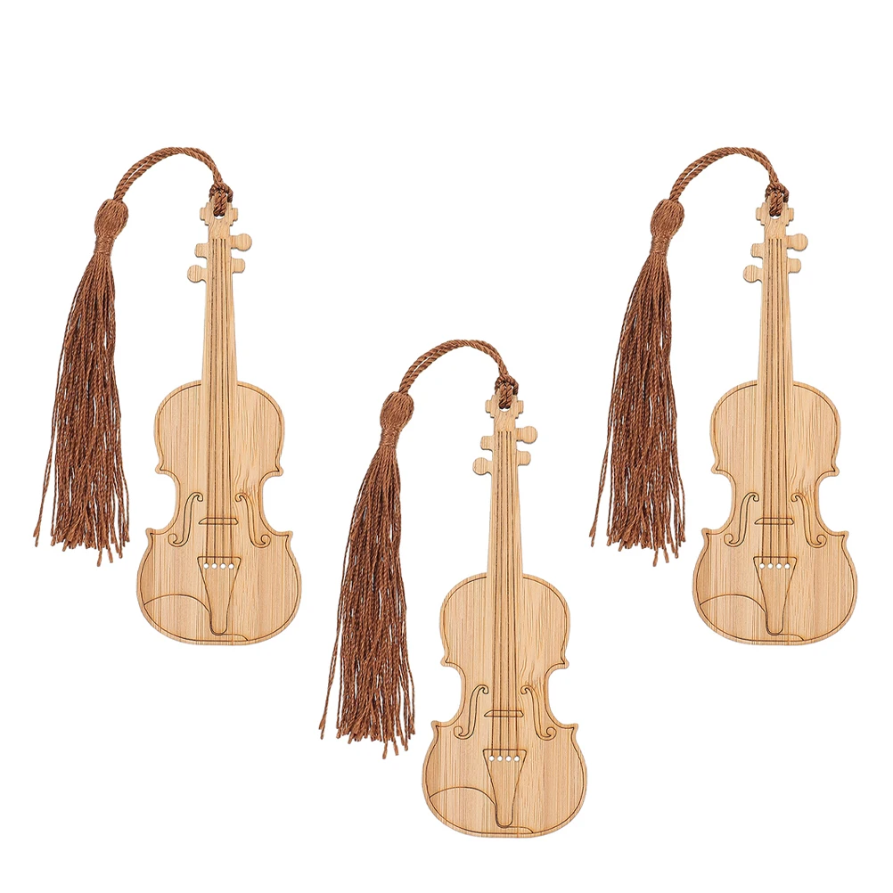 

3pcs Violin Shape Bamboo Bookmarks Khaki Tassel Campus Decorative Page Markers Reading Gifts Lightweight Storage Easy Insert