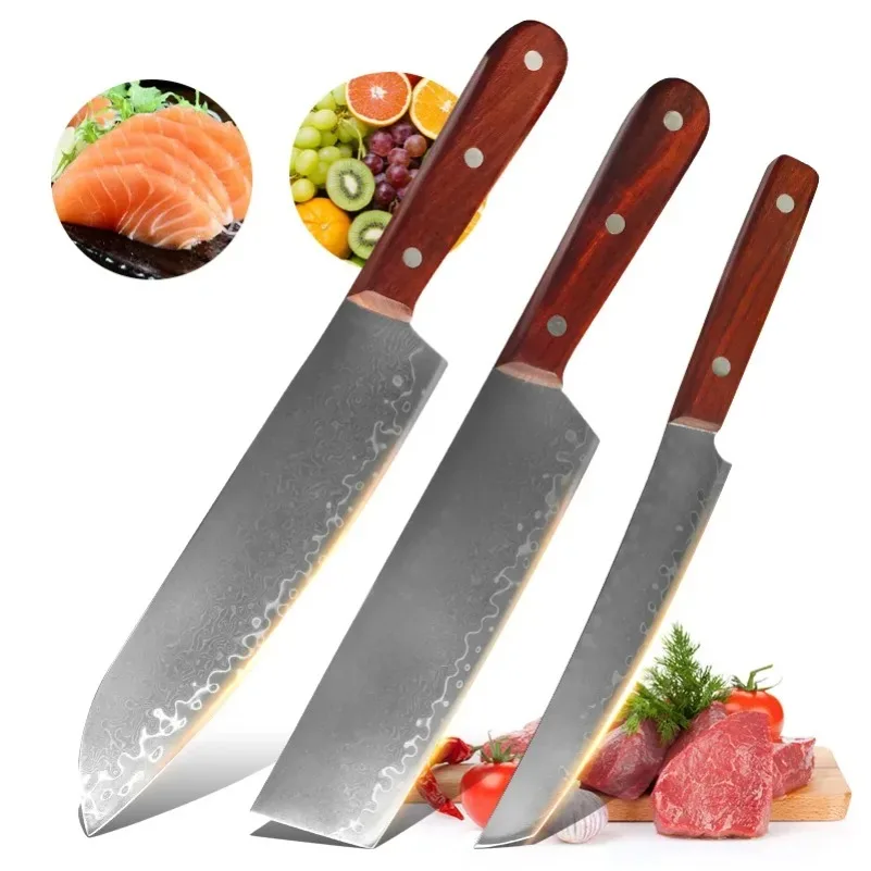 Damascus Steel Kitchen Knives Meat Cleaver Slicing Boning Paring Barbecue Steak Sushi Cutting Knife Wood Handle Chef Knife Tools
