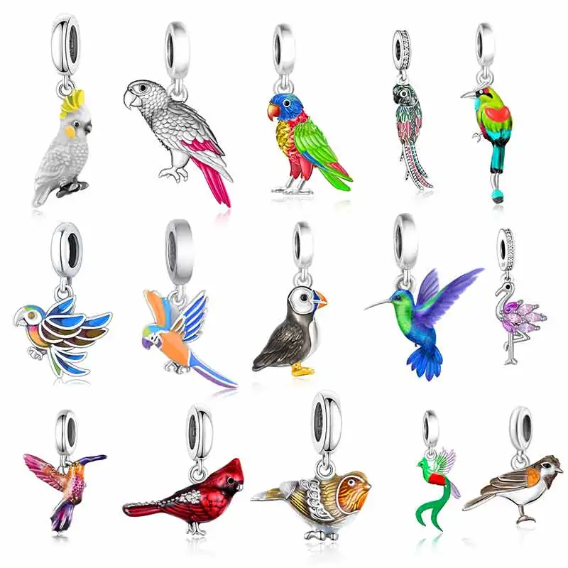 Ajuste Original Pan Charm pulsera 925 plata Arco Iris esmalte Lorikeet Robin Puffin colibrí loro cuenta para hacer Berloque DIY