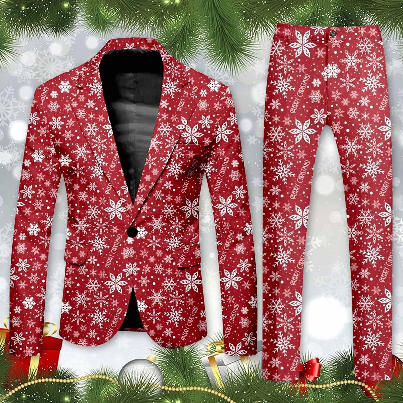 Christmas Snowflake Printed One Button Suit and Trousers Men Casual Slim Trendy Comfortable Business Two Piece Pants Suit