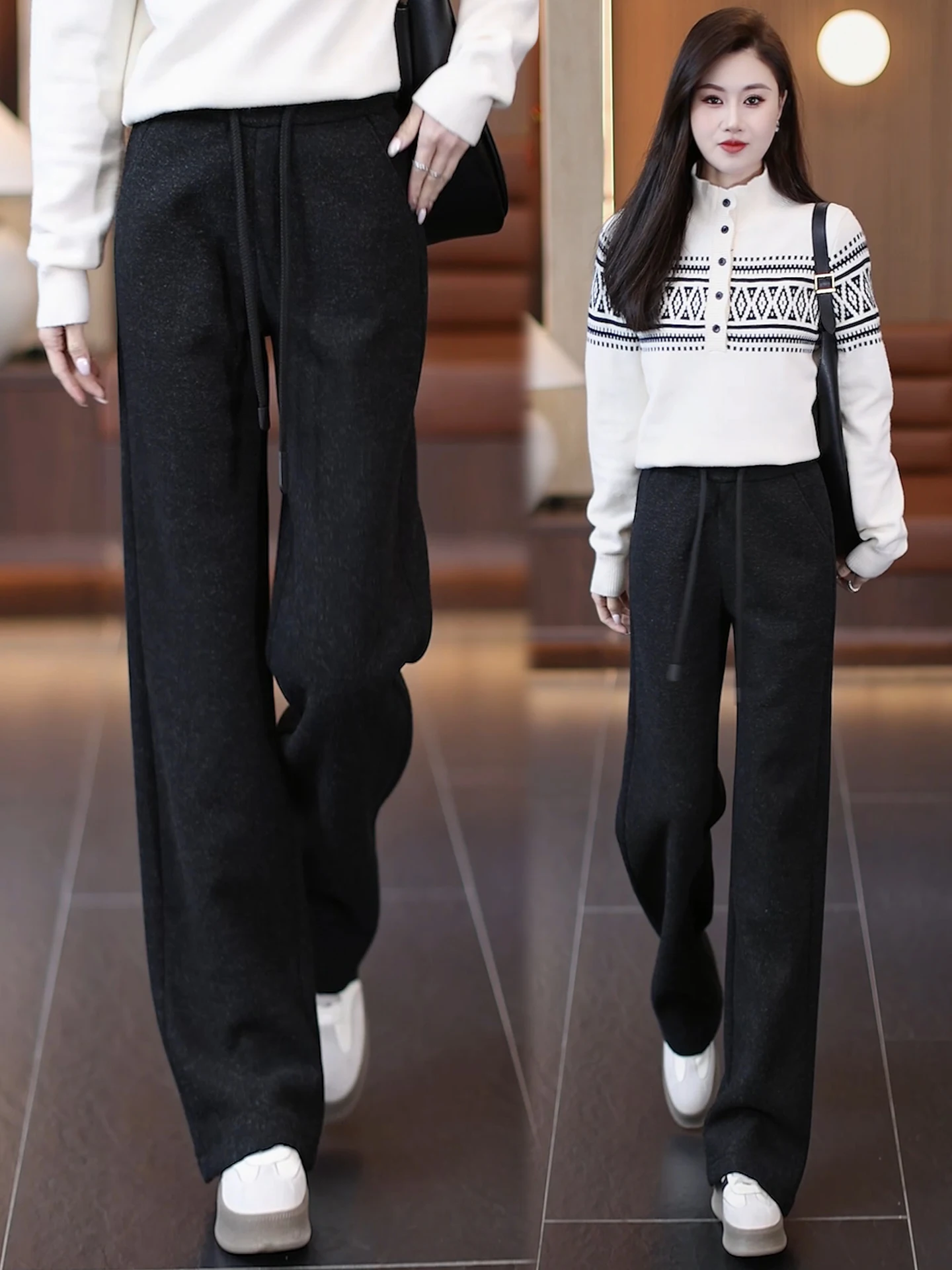 

Женские широкие брюки с высокой талией из утолщенной шерсти, осенне-зимняя новинка, свободные, струящиеся, стройнящие, повседневные, прямого кроя