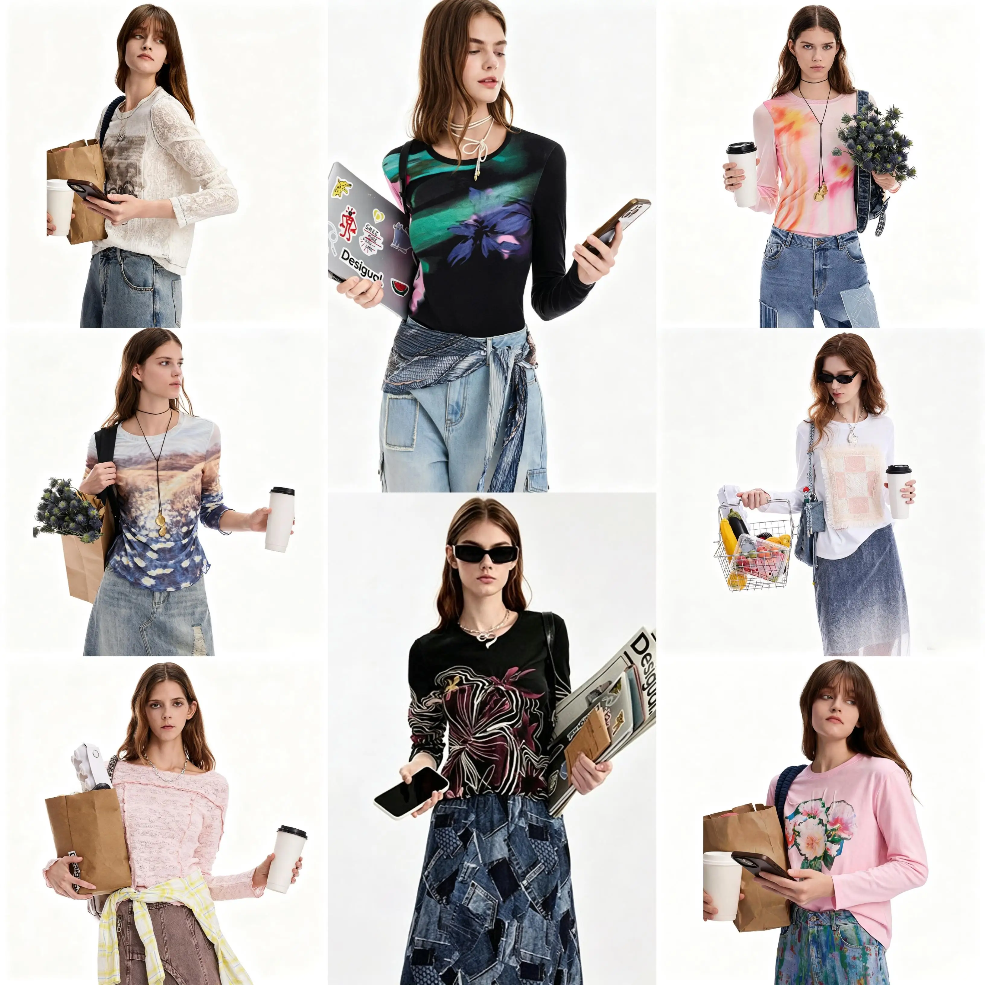 Foreign trade original order new product embroidery printed tassel elastic flower long sleeved women's T-shirt