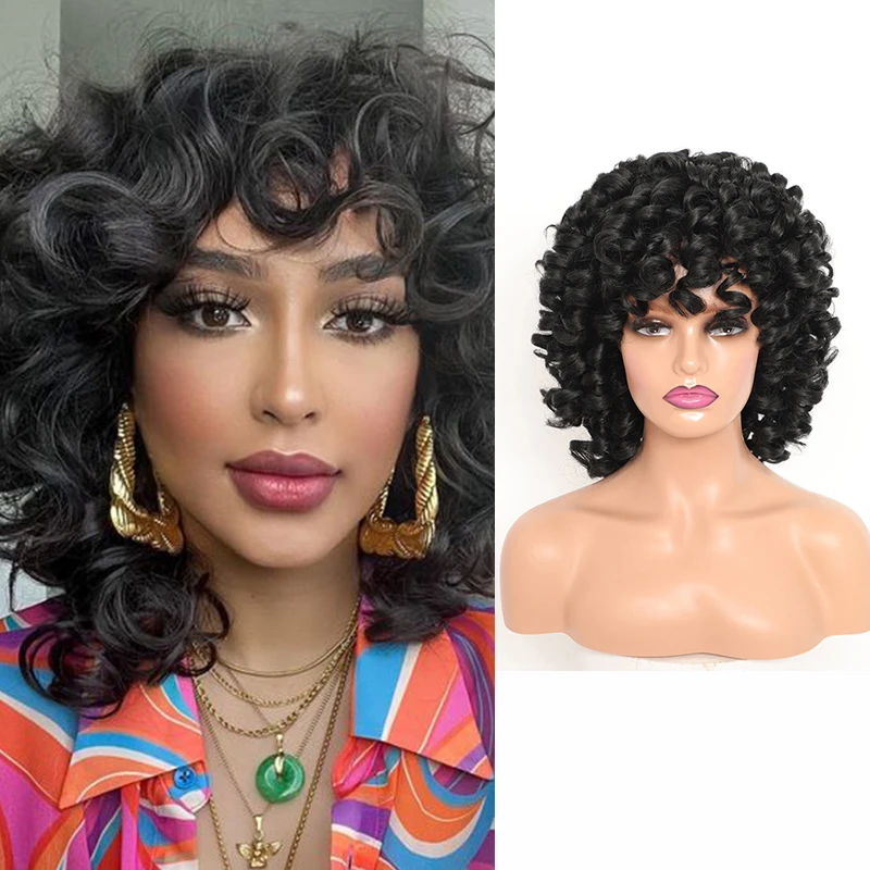 

Belle Show Afro Kinky Curly Wigs With Bangs Female Synthetic Short Curly Hair Natural Wave Afro Bob Wig For Black Woman Pink Red