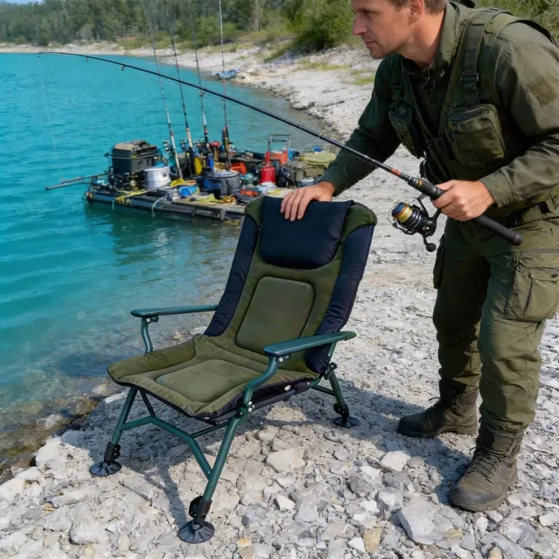 Premium Lightweight Durable Padded Foldable Fishing Chair 180KG Adjustable Backrest & Legs with Armrests Portable Camping
