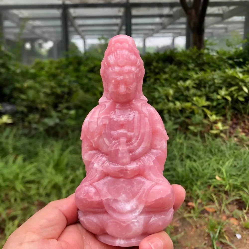 Pink Opal Guanyin Statue Natural Quartz Healing Fengshui Energy Stone Craft Home Decor Carving Christmas Gift