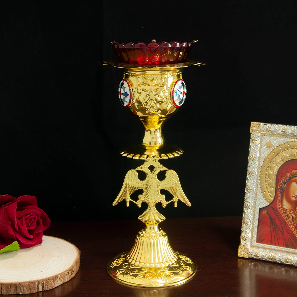 

Orthodox Church Glorious Vigil Lamp Gold Plated Candle Holder Ideal Religion Item Table Candlestick with Oil Glass Cup