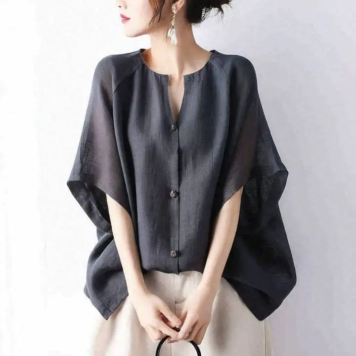 

2025 New Korean Summer Round Neck Button-up Half Sleeve Top