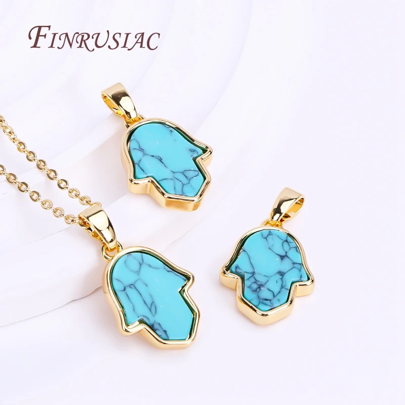 18K Real Gold Plated Turquoise Hamsa Charms Pendants For Necklace Making,Blue Lucky Hand Pendants DIY Jewelry Making Accessory