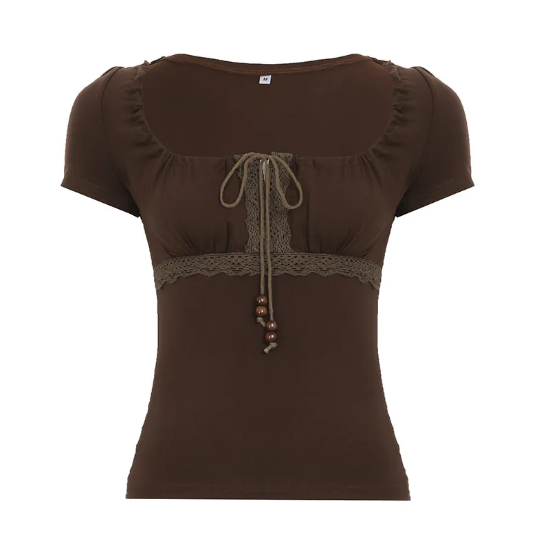 

American Retro Lace Patchwork Spicy Girl Square Neck Short Sleeved T-Shirt Design With Bead Tie Knit Casual Top