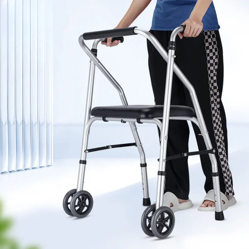 Elderly Patient Anti-Fall Walker Stable Dual-Wheel Handcart No-Installation Foldable Seat Waterproof Secure Mobility Aid