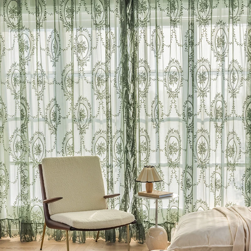 Cortinas de tul Vintage transparentes de color verde oscuro, elegantes cortinas de ventana con flores bordadas y volantes para dormitorio y balcón