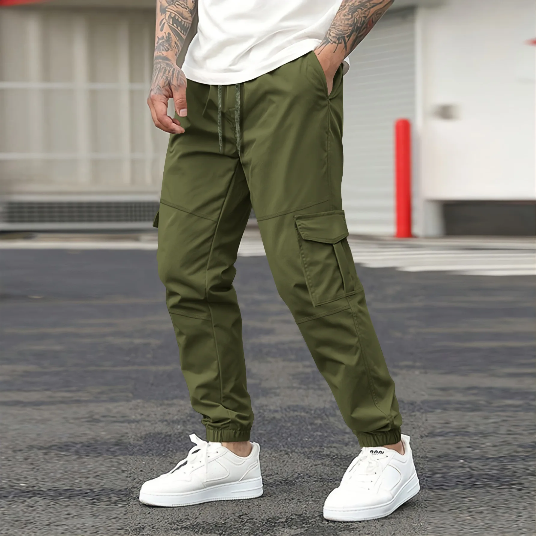 New cargo pants men\'s drawstring multi-pocket pants leisure sports fashion solid color outdoor leisure sports corset pants