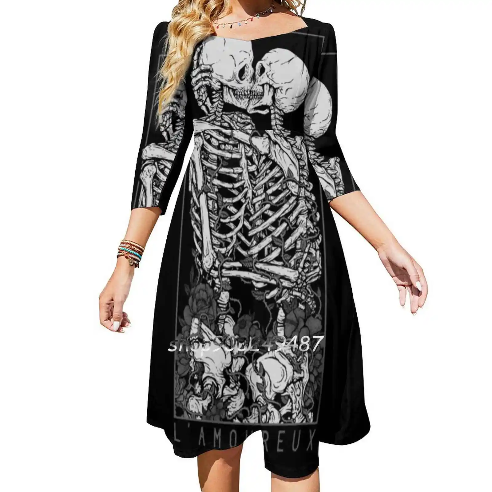 The Lovers Sweetheart Knot Flared Dress Fashion Design Large Size Loose Dress Love Tarot Skull Flower Skeleton Couple Death