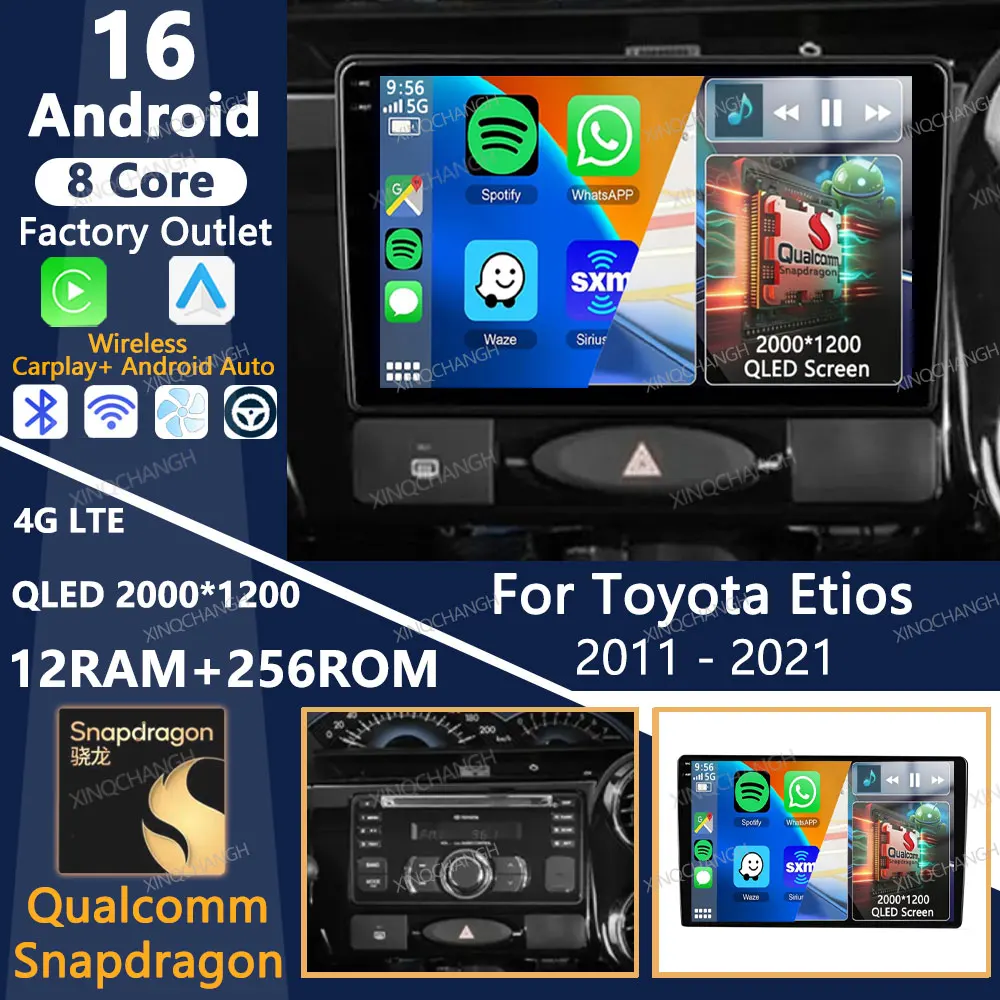 Radio para Auto Android 16 para Toyota Etios 2011-2021, QLED Qualcomm 2DIN, Carplay, Auto 4G WIFI, Reproductor Multimedia Estéreo, Video, BT, GPS