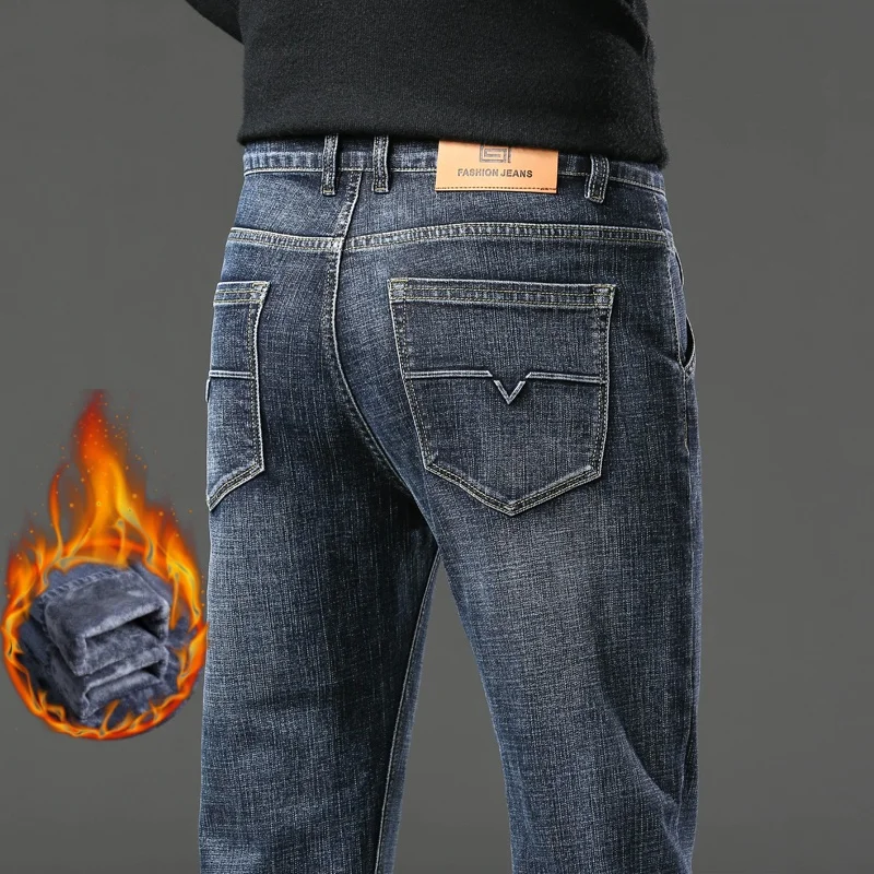 Brand men's velvet jeans warm and comfortable stretch fit straight pants winter fleece wool casual jeans smoke gray