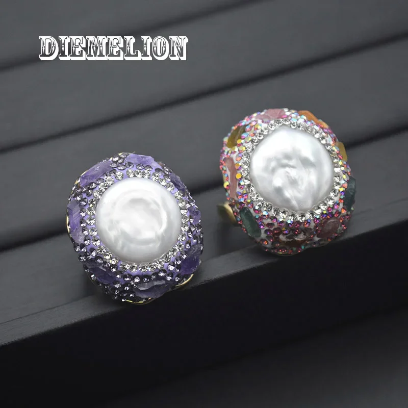 

Exquisite Natural Baroque Button Pearl Rings for Women Full Pave Rhinestone with Amethyst/Tourmaline Resizable Large Ring