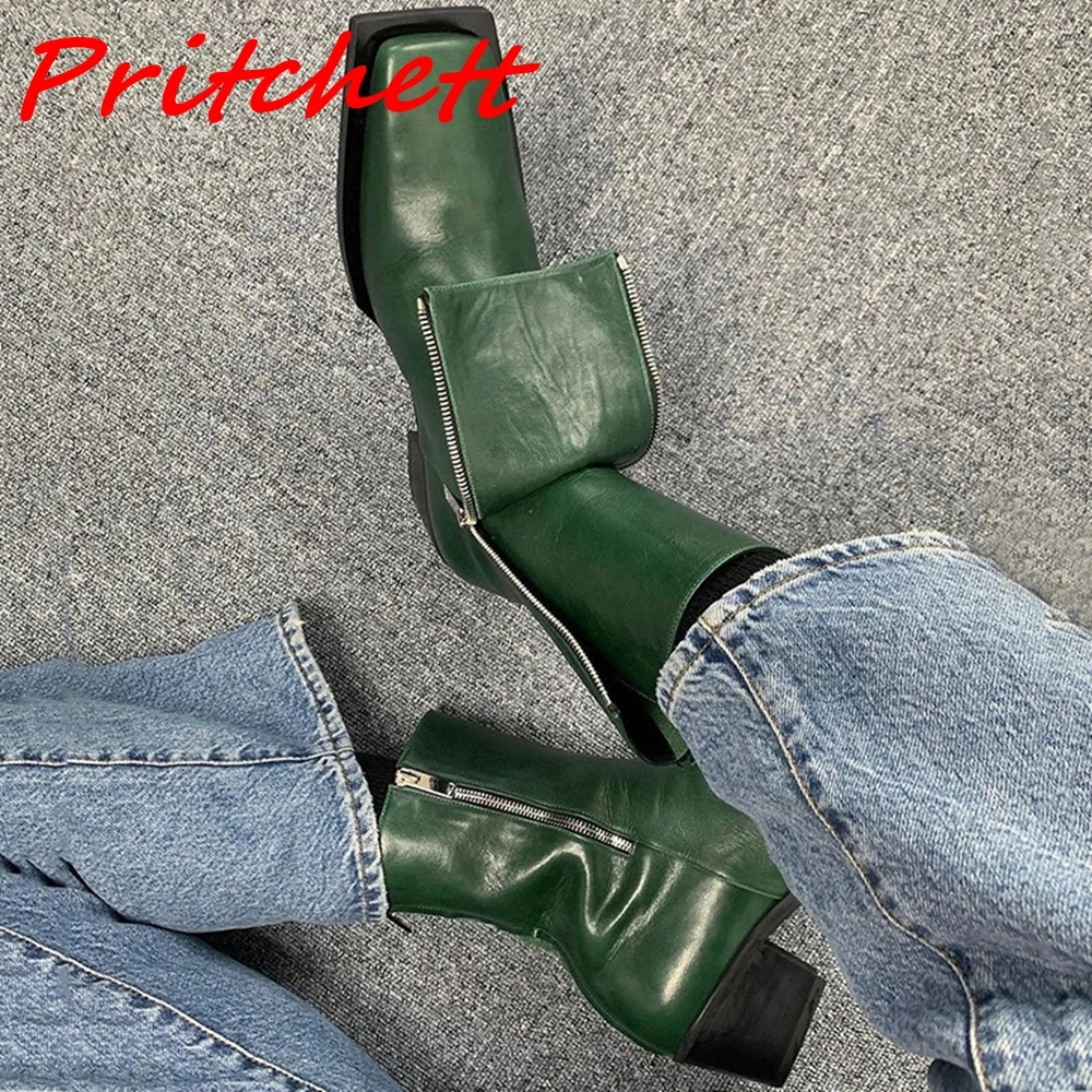 Retro Mid Calf Boots Women Square Toe Novelty Zipper Chunky Heels 2024 Neutral Street Style All-Match Leather Short Boots