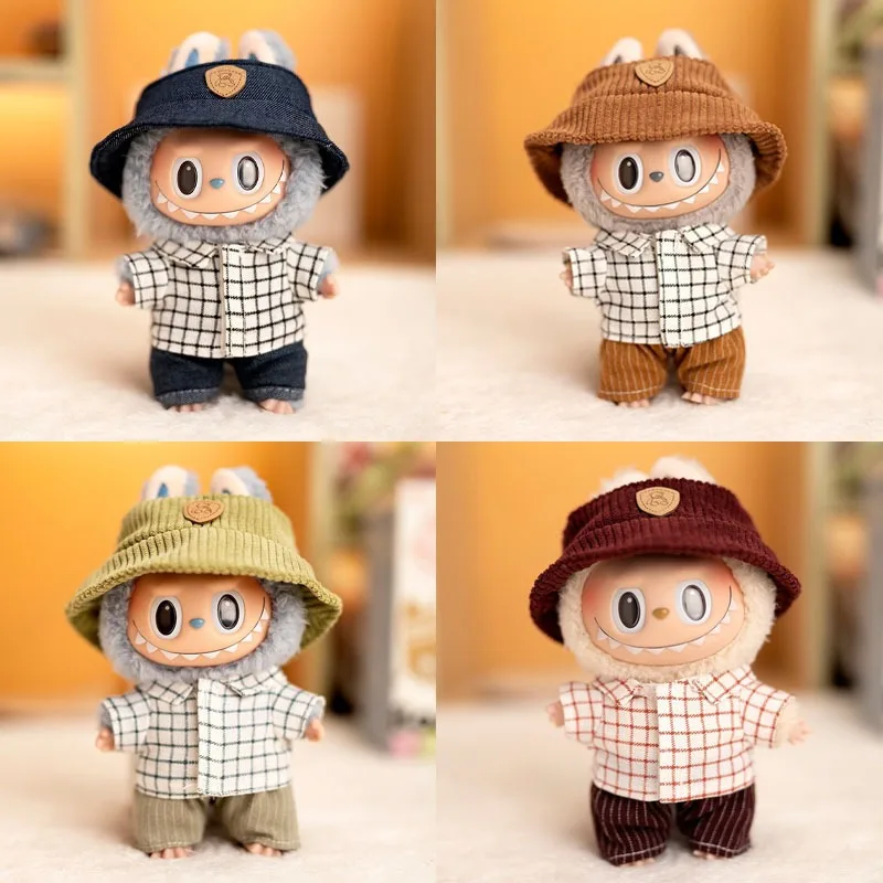 

Популярная кукла Labubu 17 см, модная одежда, шляпа, клетчатая рубашка, джинсы, подходит для кукольной одежды 17 см, аксессуары для кукол